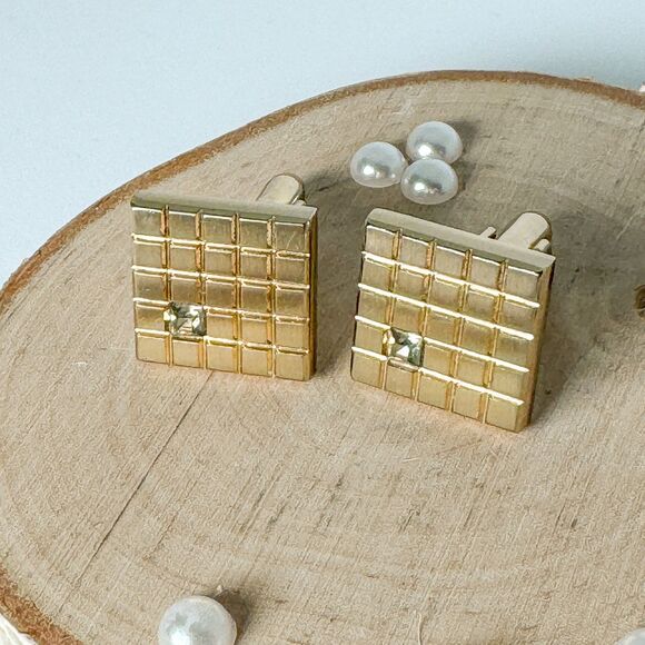 Vintage Gold Tone Cufflinks Tie Clip Set 1970s Glass Stone Wedding Formal Suit - Picture 4 of 12